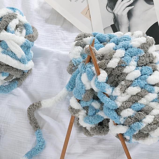 HOMBYS Chunky Tie Dye Mix Chenille Yarn for Hand Knitting, Super Bulky Jumbo Yarn for Crocheting, 3/4" Thick Soft Plush Yarn for Blankets, 8 Skein Pack (26 yds / 7.5 oz Each) Blue,Grey,White