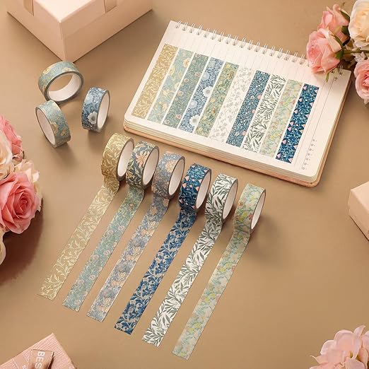 12 Rolls Watercolor Floral Washi Tape Set 15 mm Vintage Flower Decorative Masking Tape for Spring Arts DIY Craft Scrapbook Journal Supplies Gift Wrapping(Earthy Tones,William Morris)