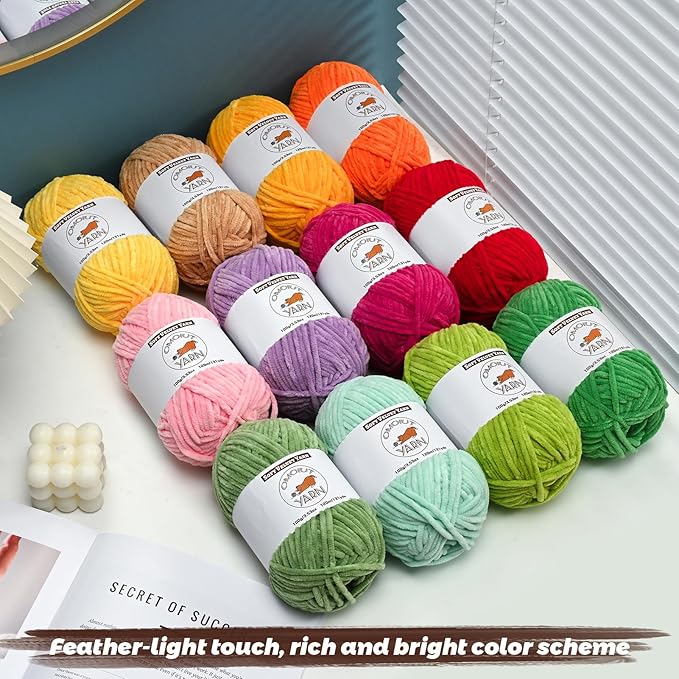 12 Skeins Fluffy Chenille Yarn for Crocheting, Soft Bulky Velvet Yarn for Knitting, Plush Baby Blanket Crochet Yarn, 1572 Yards Multicolor Amigurumi Yarns for Crafts Set D