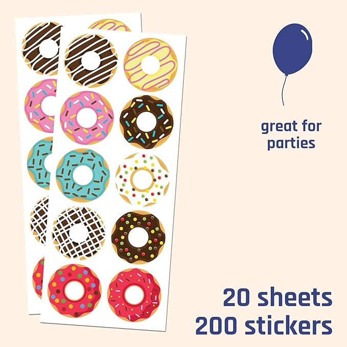 donut stickers sheets set, 1.5" - 20 sheets, 200 stickers