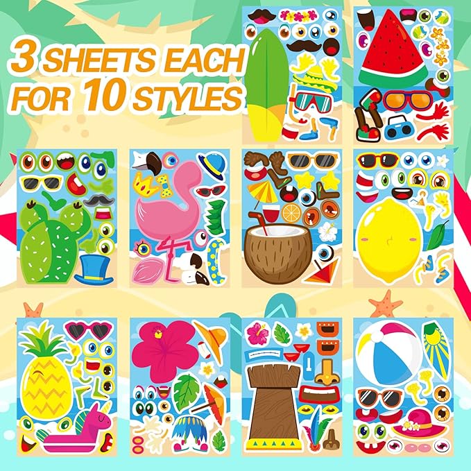 30 sheets hawaii make a face sticker summer pool beach stickers for kids make your own watermelon pineapple flamingo stickers for tropical luau craft party decor sticker summer holiday party favors