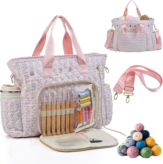 SilTriangle Large Pink Floral Quilted Crochet Knitting Bags and Totes Organizer Cotton Yarn Hook Bag Holder Christmas Corduroy Gift for Crochet Lover Crocheting Accessories, Needle with Zipper, Size L