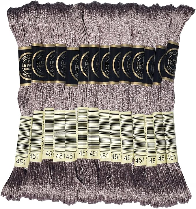 LE PAON Embroidery Floss, 14-Pack Six Strands 100% Long Staple Cotton Embroidery Thread, 8.7-Yard，Color Number：451,Dark Shell Gray