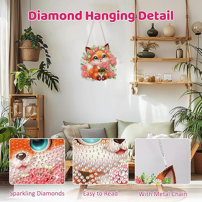 MEIYUDA Fox Diamond Art Hanging Kits for Adult, Flowers Fox Diamond Painting Hanging Kits Ornaments, Animals DIY Special Shaped Rhinestone Window Pendants kit for Home Garden Wall Decor Gift