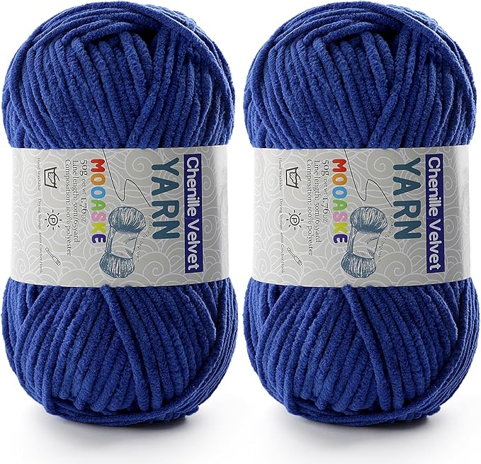 2 Pac Chenille Yarn for Crocheting - Blanket Yarn for Crocheting - Fluffy Yarn for Crochet, Baby Yarn for Crocheting Soft Blankets Weight Per Roll 50g/1.76oz, Length 60m/65yard (Dark Blue)