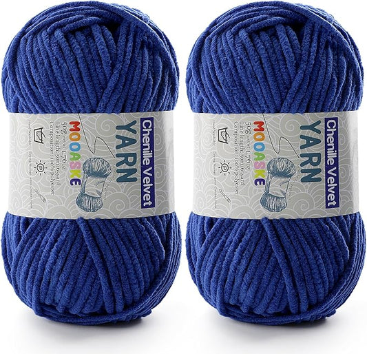 2 Pac Chenille Yarn for Crocheting - Blanket Yarn for Crocheting - Fluffy Yarn for Crochet, Baby Yarn for Crocheting Soft Blankets Weight Per Roll 50g/1.76oz, Length 60m/65yard (Dark Blue)