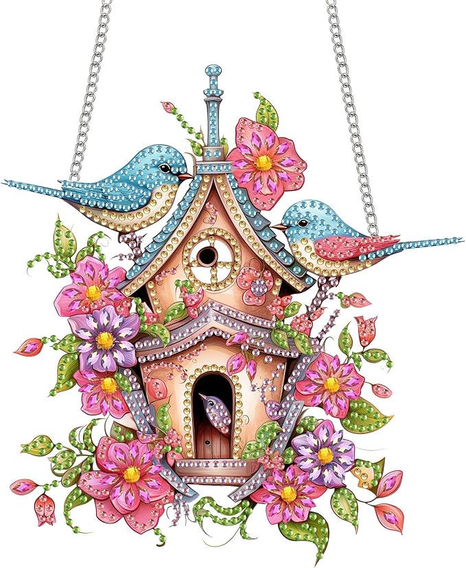 Reofrey Spring Hanging Diamond Art Kits for Adults Birds – 8x8Inch Hanging Ornament Acrylic Board Double Sided Pattern Crystal Diamond Art Suncatcher Pendant, for Home Wall Window Decor Handmade Gift