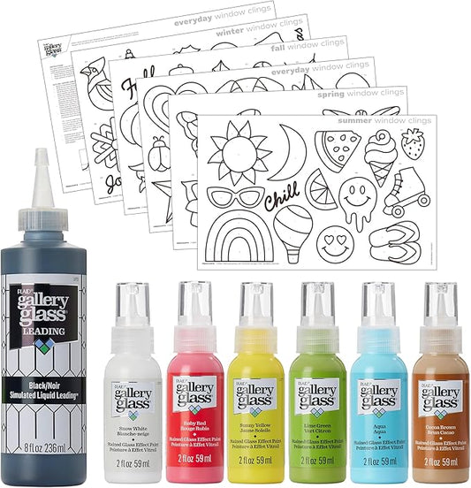 Gallery Glass Window Cling Art Kit, 10 Piece Set Including 3 Pattern Sheets, 6 Stained Glass Colors and 1 Liquid Leading, PRMGGCLING24
