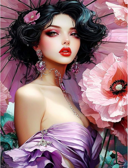 QENSPE Diamond Painting Art Kits for Adults, DIY Pink Flowers Full Drill Diamond Art Kit for Beginners, 5D Beautiful Woman Round Diamond Dots Paintings Gem Art Crafts Home Wall Decor Gifts 30x40cm