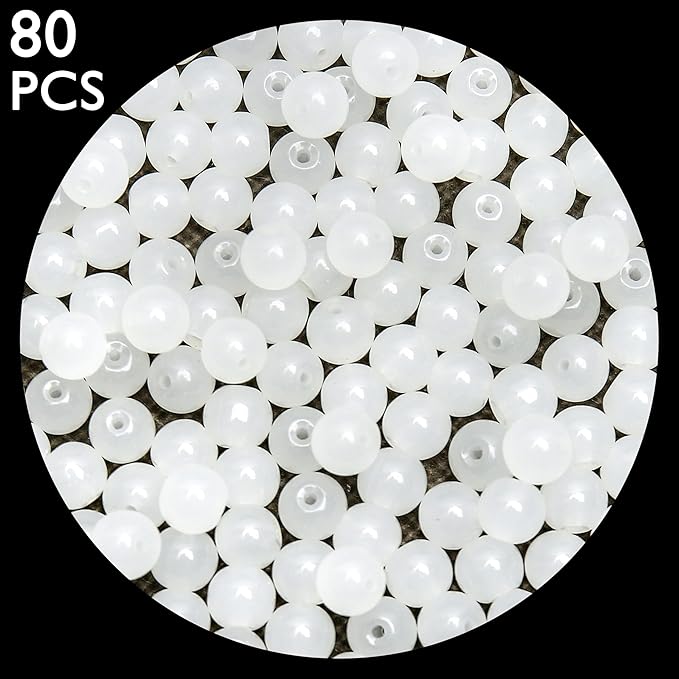 80PCs 10mm White Jade Glass Beads Bulk, Round Smooth Hole Glass Crystal Beads for Jewelry Making, DIY Bracelets, Necklaces, Bag Charms, Keychains and Craft Projects