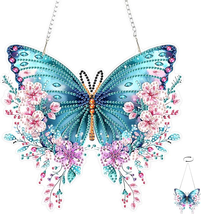 TOSTOG Diamond Art Hanging Kits for Adults, 5D Flowers Diamond Painting for Adults Window Pendant, Special Shape Diamonds DIY Lovely Butterfly Diamond Painting Hanging Pendant Kit for Wall Decor Gift