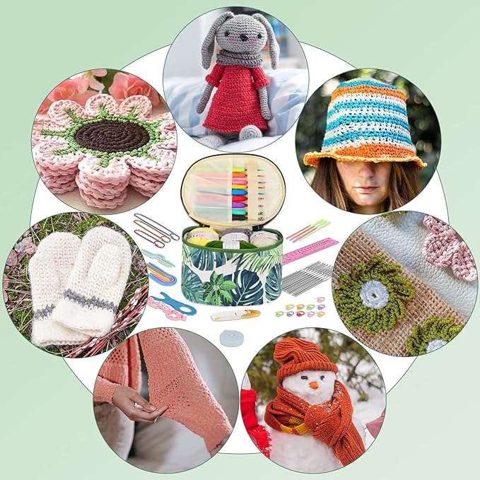aeelike crochet kits for beginners with yarn, learn to crochet set included crochet hooks supplies diy tools,crocheting kit for adults kids with portable green leaves bag