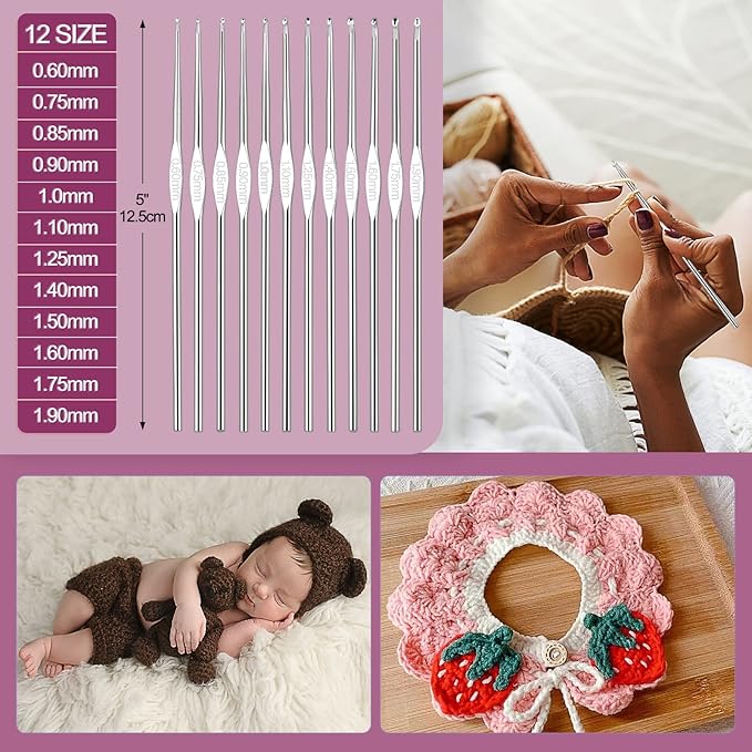 aeelike crochet kit multi size crochet hooks set 0.6mm-6mm, full crochet kit for beginners adults, crochet hooks set with case accessories - crochet gift for mother & grandmother (purple flower)