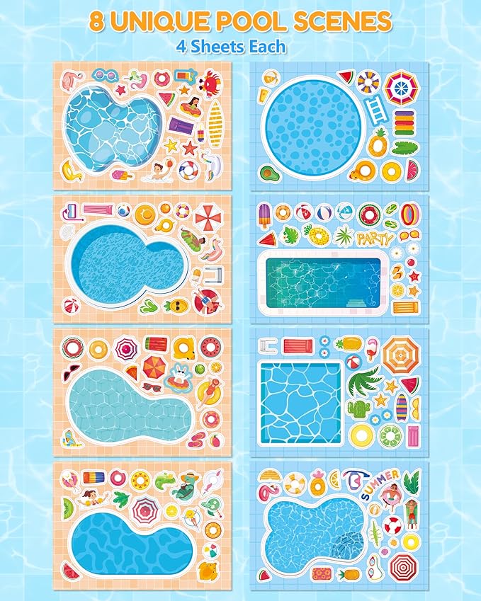 aowplc 32 sheets make‑a‑pool stickers for kids – mix & match craft kit – summer party favors & activities
