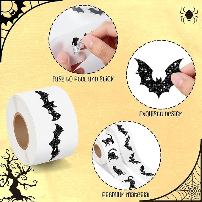 beyumi halloween bats cats sticker - 1000pcs halloween laser black bats and cats shape stickers in 2 rolls holographic sparkly waterproof adhesive decal gift party envelope scrapbook decor for kids