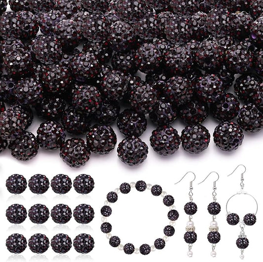 200 pcs dark purple rhinestone beads for jewelry making, sparkle crystal clay christmas for bracelet baseball necklace earring crafting and diy, shiny round shamballa disco ball beads bulk