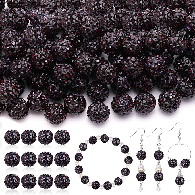 120pcs 10mm rhinestone beads for jewelry making, dark purple shiny round shamballa disco ball beads, sparkle crystal clay christmas for bracelet baseball necklace earring crafting and diy