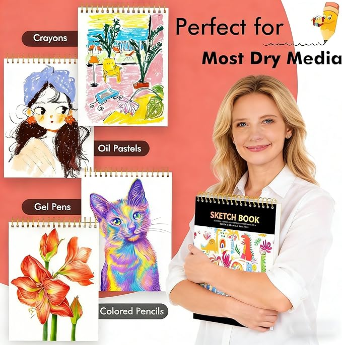 soucolor 9" x 12" sketch book, 100 sheets spiral bound art sketchbook, acid free artist drawing book paper, art supplies for adults, craft activities, sketch paper for drawing coloring sketching