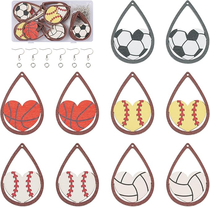 20pcs Sport Ball Earring Making Kits Football Basketball Rugby Wooden Charms 5 Styles Sport Ball Earring Pendants with Ear Hooks Jump Rings for DIY Jewelry Hanging Ornament Making