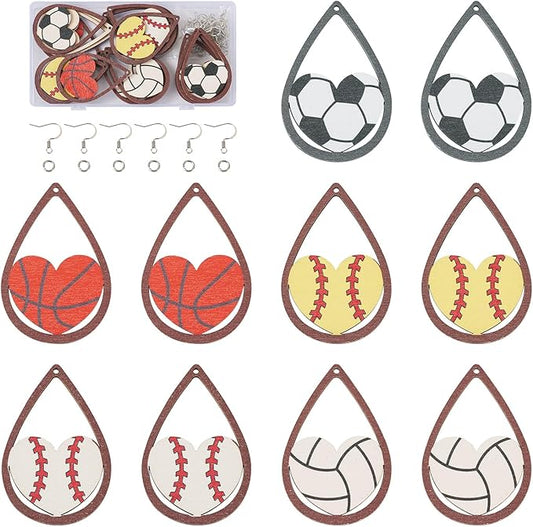 20pcs Sport Ball Earring Making Kits Football Basketball Rugby Wooden Charms 5 Styles Sport Ball Earring Pendants with Ear Hooks Jump Rings for DIY Jewelry Hanging Ornament Making