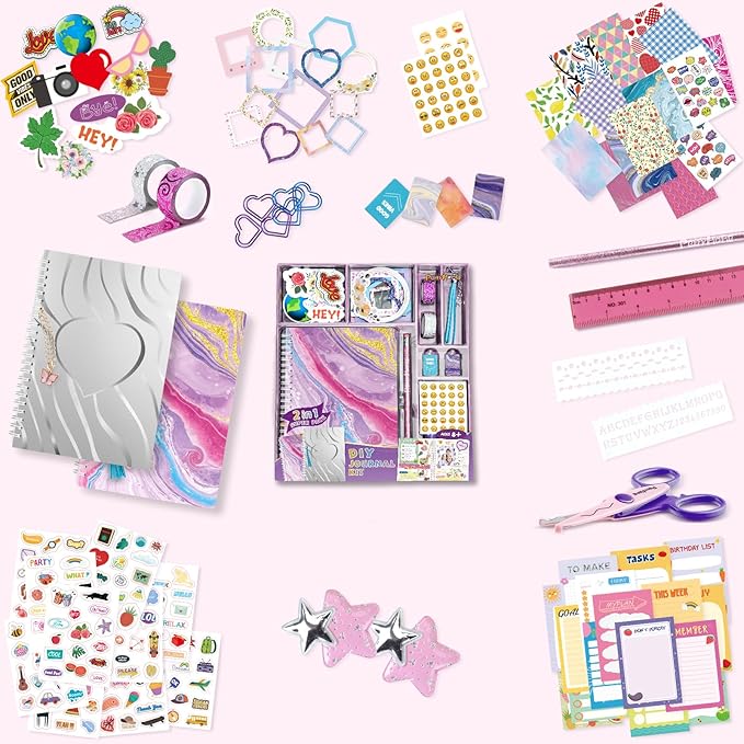 perryhome 2-pack diy journal kit for girls - 200+pcs journal set for tween & teen girls, journaling art & crafts kits, christmas gifts for 8 9 10 11 12 13 14 year old girl,scrapbook&diary supplies set