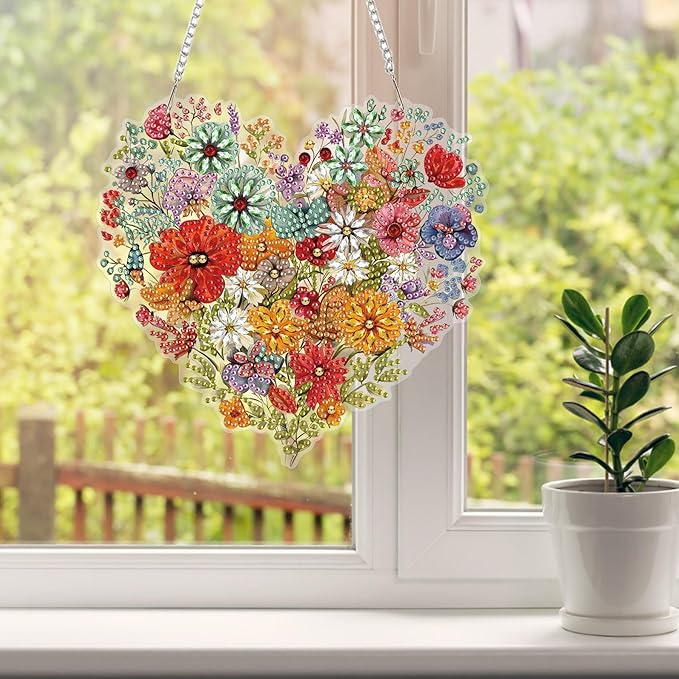 HEIBAGO Heart Flower Diamond Art Hanging Kits for Adults, Diamond Art Suncatchers, 5D Special Shape Diamond Painting Pendant, DIY Window Ornament Gifts for Home Garden Door Wall Decor 8.3 x 8.3 Inch