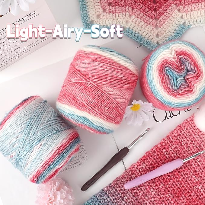 Katech Ombré Yarn for Crocheting-Gradient Cake Yarn-4x100g 60% Cotton 30% Acrylic 11% Wool-Multicolor Soft Rainbow Cotton Crochet Yarn for Scarves, Shawls, Blankets and Garments(M)