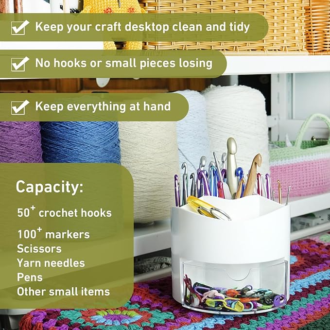 Crochet Hook Case & Bag Combo, 360° Rotating Crochet Hooks Holder for Craft Table, Plus an On-the-go Crocheting Project Organizer Bag