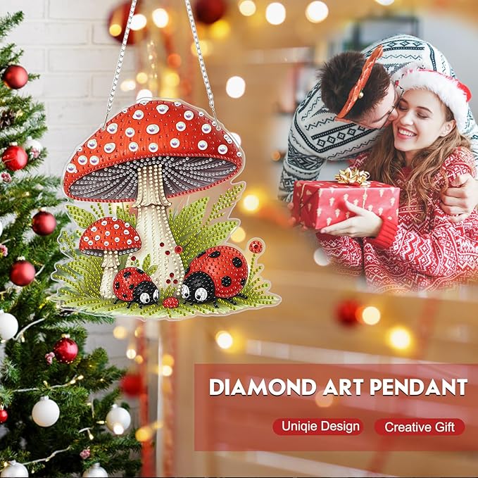 NEWENMO Diamond Art Hanging Kit for Adult, Cartoon Mushroom, DIY Double Sided Acrylic Special Shaped Diamond Art Painting Window Pendant Ladybug Mushroom, Home Garden Wall Hanging Ornament Kits