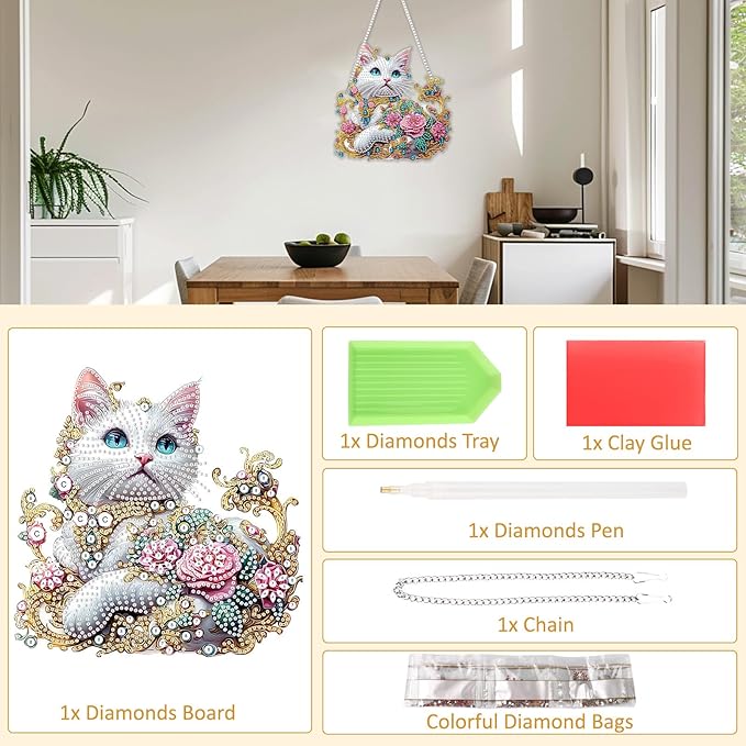 SENQAO Cat Hanging Diamond Art Painting Kits for Adults Beginners, 5D Special Shape Diamond Art Kits, Cat Flower Crystal Rhinestones Diamond Gem Art Painting for Home Garden Wall Decor
