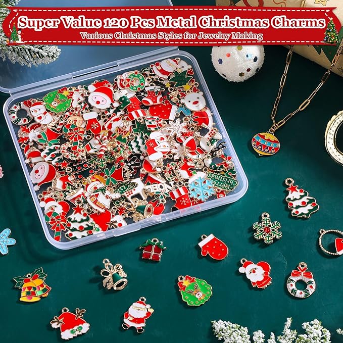 Modacraft 120 Pcs Christmas Charms for Jewelry Making, Multiple Styles Gold Enamel Pendant Charms with Santa Snowflake Tree for DIY Bracelet Necklace Earring Keychain Craft Supplies Holiday Decor Gift