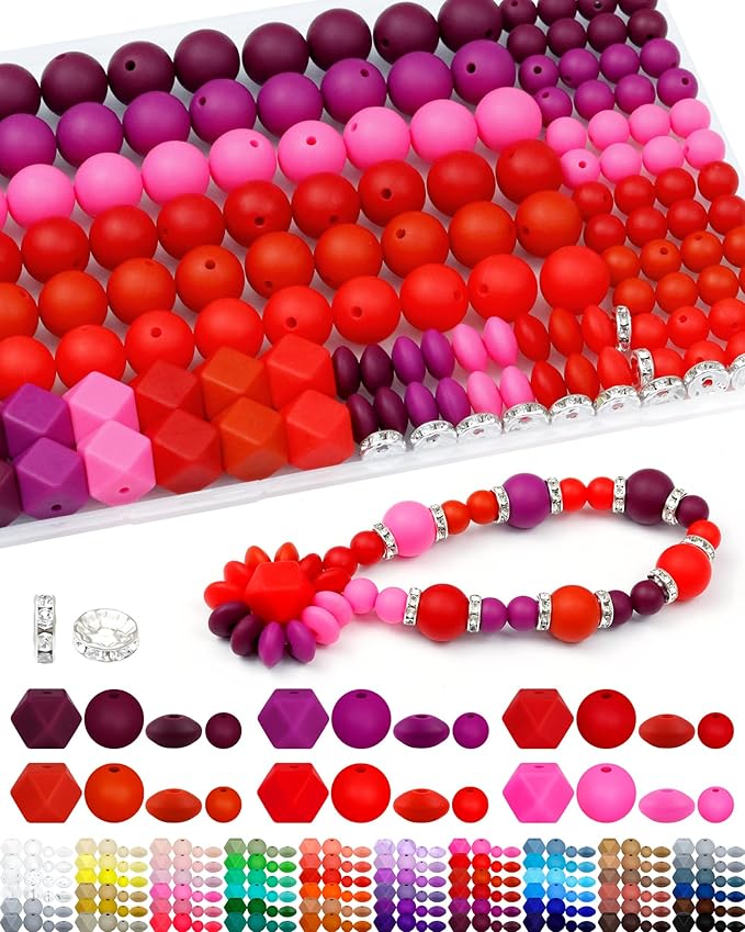 172PCS FIVEIZERO Silicone Beads for Keychain Making, 6 Mixed Colors Silicone Focal Beads Kit, 9mm & 15mm Round Lentil Hexagon Bead & Rhinestone Spacer Bead for Jewelry Making & Bracelets (Red)