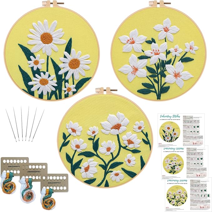 Louise Maelys 3 Sets Flowers Embroidery Kits for Beginners,Cross Stitch Kit for Adults,DIY Needlepoint for Starters Including Florals Pattern, Hoop,Instruction and Threads