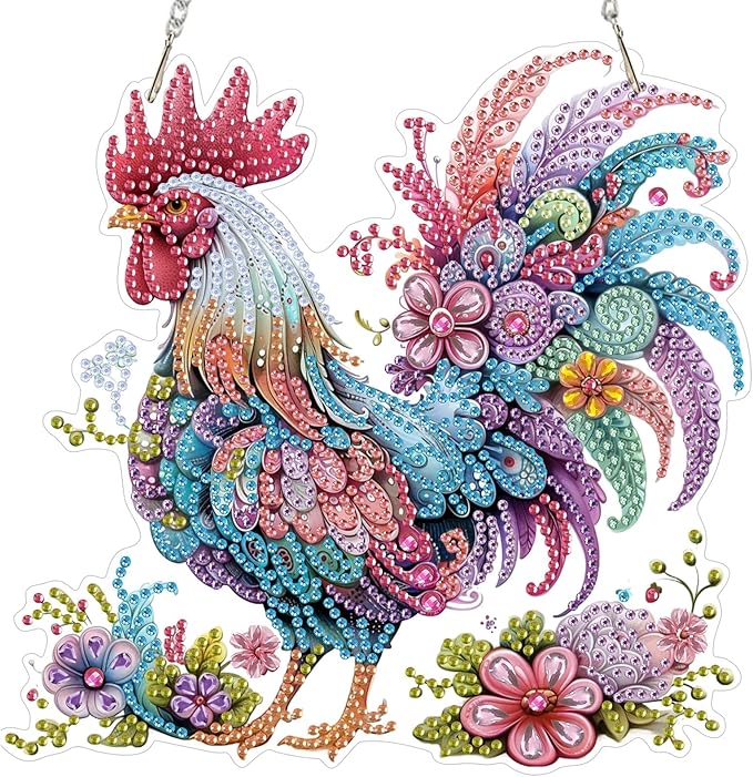 Hanging Diamond Art Kit for Adult, Cartoon Chicken, 5D Special Shaped Rhinestone Diamond Painting Ornament, Floral Rooster, DIY Acrylic Diamond Art Painting Window Pendants Home Garden Wall Decor