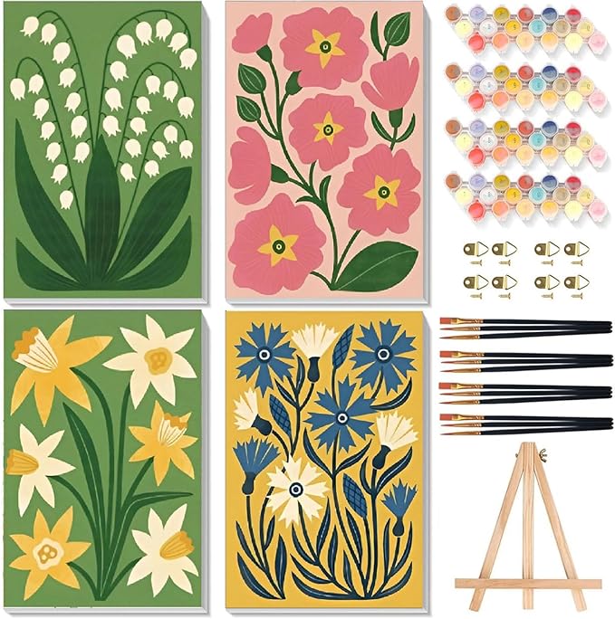 4 Pack Paint by Numbers for Adults with Framed Canvas - with Wooden Easel, Easy Flower Paint by Number for Beginners, Flowers Acrylic Oil Painting on Canvas with Brushes for Home Wall Decor 8x12 inch