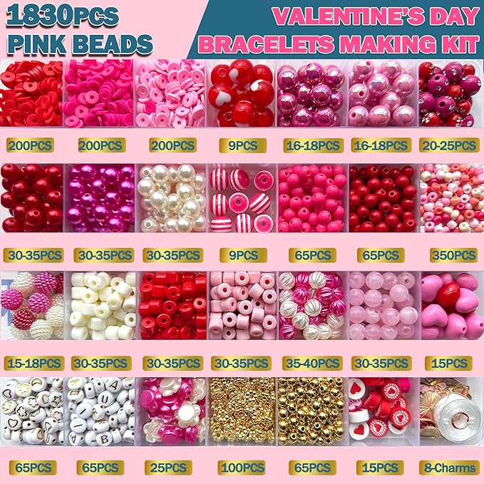 1800PCS+ Valentine’s Day Beads for Bracelets Jewelry Making Set, Pink Red Polymer Clay Beads Assorted Pearl Acrylic Heart Bead Letter Spacer Flower Bead and Heart Charms for Necklace Bracelets Making