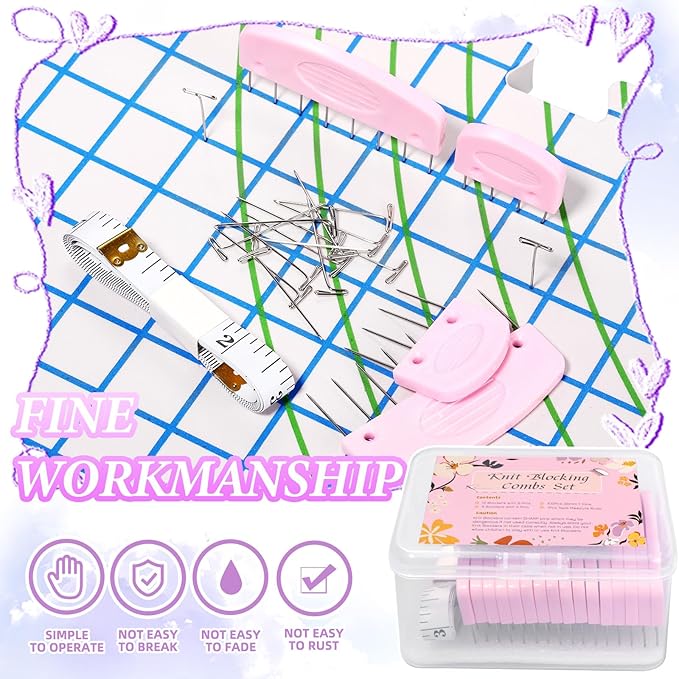 120 Pcs Knit Blocking Combs and Pins Set, 20 Pcs Pink Color Knit Blockers Pins Kit, 100 T-pins for Blocking Knitting Crochet, Needlework Projects, Knitting Blocker Pins Tool for Blocking Mats