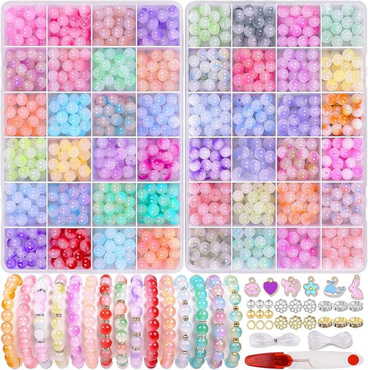 1711pcs 8mm Glass Beads for Jewelry Making - 48 Colors Glass Crystal Beads for Bracelets, Round Glass Beads Friendship Bracelet Making Kit Beads DIY Crafts for Adults