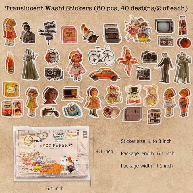 Knaid Vintage Scrapbook Supplies Pack (200 Pieces) for Junk Journal Bullet Journals Planners Aesthetic Paper Stickers Craft Kits Cottagecore Collage Album (Retro)