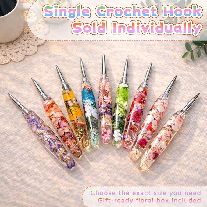 Reessy 6.0mm Crochet Hook with Floral Resin Handle – Ergonomic Grip & Hand-Polished Stainless Steel Tip – Smooth Glide Crochet Hook for Beginners, Arthritic Hands & Gifts (J-6.0mm)