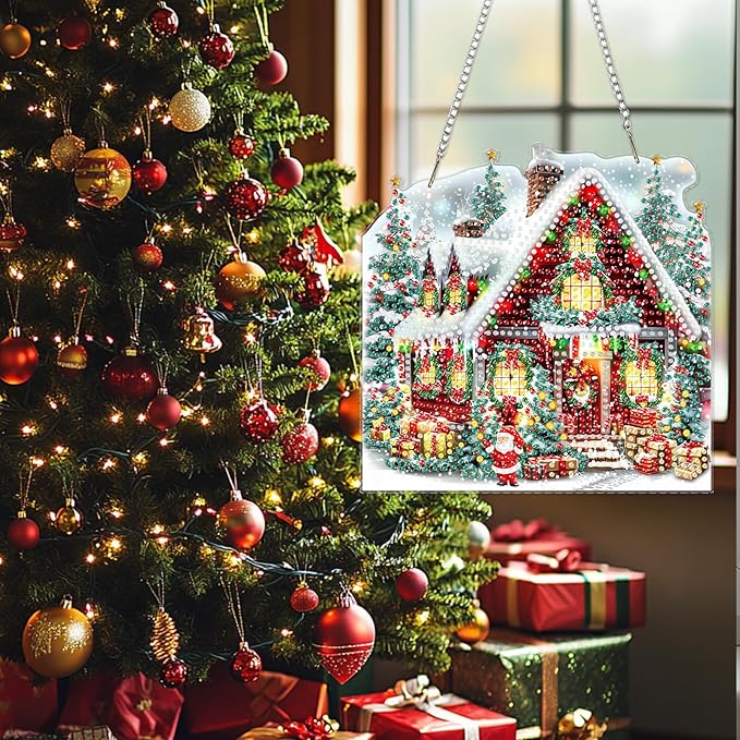 SENQAO Christmas Diamond Art Hanging Kits for Adults, Christmas Tree House Diamond Art Suncatchers, 5D Special Shape Diamond Painting Pendant Window Ornament Gifts for Home Door Wall Decor