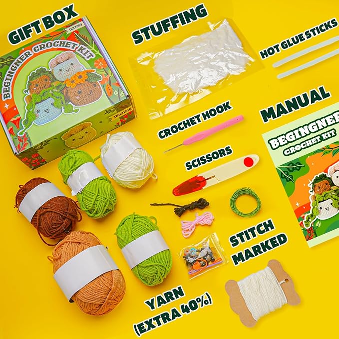 Imcrasy Crochet Kit | Crochet Kit for Beginners | Beginner Crochet & Knitting Kit with Step by Step Video Lessons | 4 PC Cute Potted Plants Crochet Kit with Crochet Accessories(40%+ Yarn) | WhiteBrown