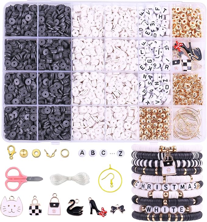 Wuollgess 3500 PCS Black White Clay Beads Kit for Bracelets Making, Polymer Heishi Beads for Jewelry Making, Friendship Bracelet Kit for Adults, Letter Beads for Necklace Earring DIY