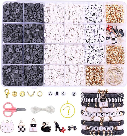 Wuollgess 3500 PCS Black White Clay Beads Kit for Bracelets Making, Polymer Heishi Beads for Jewelry Making, Friendship Bracelet Kit for Adults, Letter Beads for Necklace Earring DIY