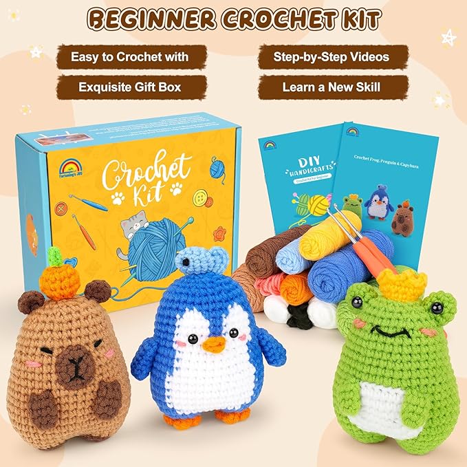 fortuning's jds crochet kit for beginners, crochet animal kit includes penguin, capybara & frog, complete starter kit for adult, diy craft crochet kits, easy knitting kit christmas gifts