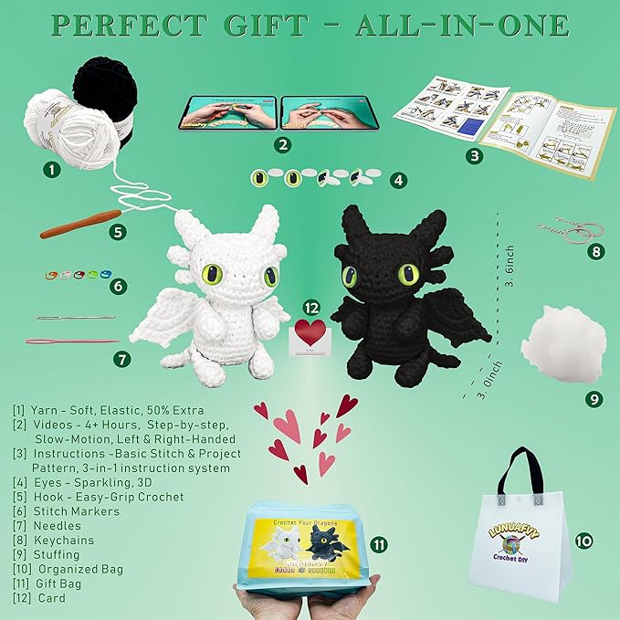 lunuafvy crochet animal kit for beginner adults/teen/kid(9+ boy/girl)-easy complete amigurumi knitting starter set with 3-style pattern diagram,left/right-handed 4hr video,soft yarn,gift & storage bag