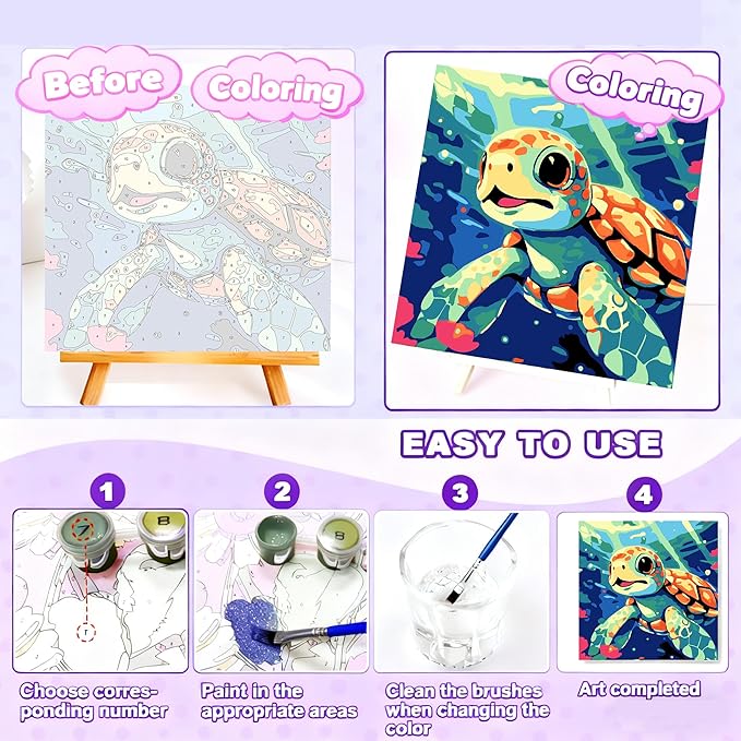 Gemozaic Sea Turtle Paint by Numbers Kit for Kids with Frame and Easel, Kids Paint by Number on Canvas for Age 4-8, 8x8 Inch
