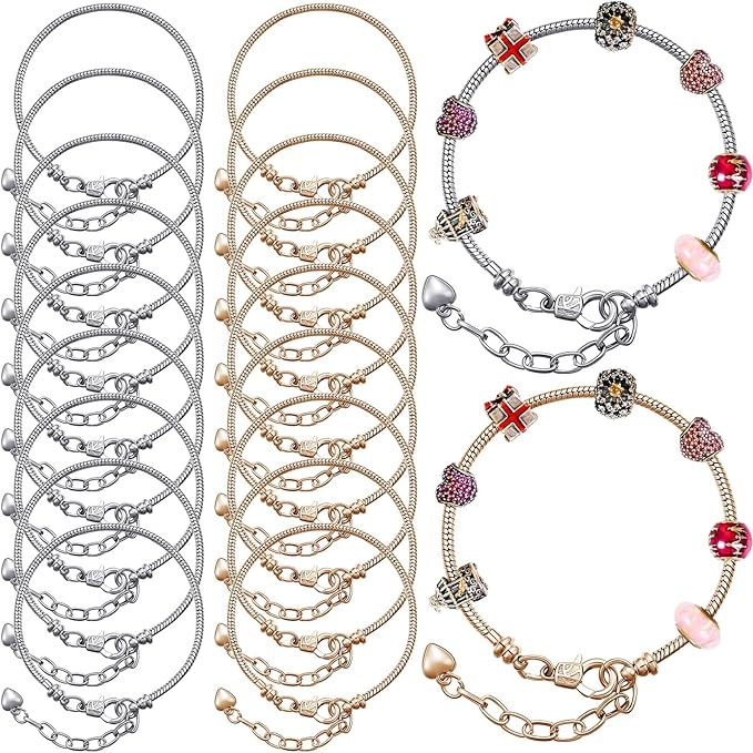 Hicarer 20 Pcs Chain Bracelet for Jewelry Making Women DIY Adjustable Snake Charm Bracelet with Heart Shape Extender Chain(Silver, Gold)