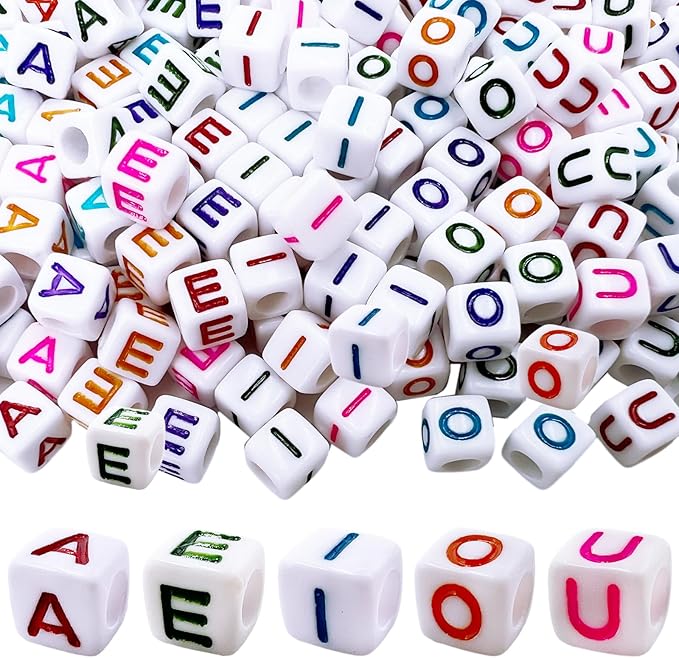 MIIIM 500pcs Vowel Pony Letter Beads for Keychains Making (A, E, I, O, U), 6x6mm Large Hole Square Letter Beads for Bracelets Making, Alphabets, Numbers (White and Colorful)
