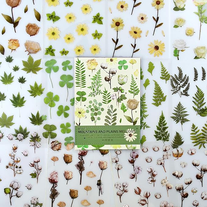 400PCS Plants Floral Scrapbook Stickers Kit Vintage Fern Flowers Green Transparent Waterproof Stickers Book for Scrapbooking Supplies Aesthetic Junk Journal Journaling Craft 20-Page
